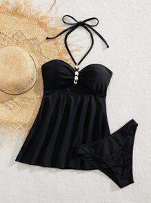 Nowy Jednokolorowy Zestaw Bikini, Stylowy Balerinkowy Dekor Sztucznych Pereł Dekoracyjnych Strojów Kąpielowych Do Fotografii Plażowej Latem