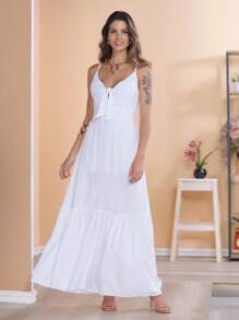 Long Plain Viscose Dress With Straps And Cups - White - View 1