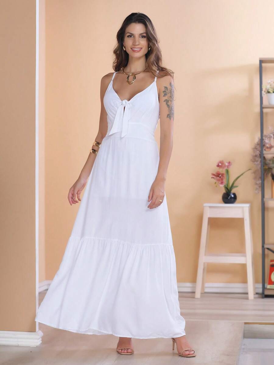 Long Plain Viscose Dress With Straps And Cups - White - View 1
