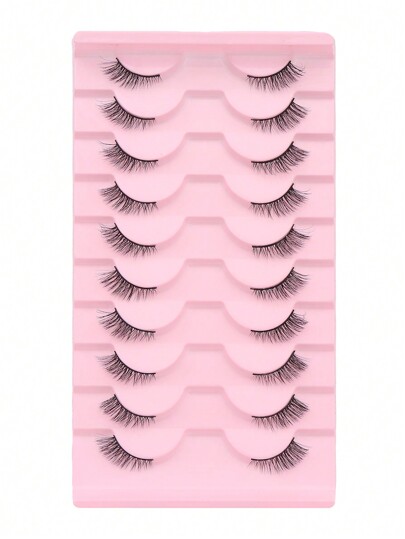 10 أزواج من رموش طويلة بشكل عين القطة والصليب باللون الأسود، مناسبة للمكياج اليومي والمناسبات