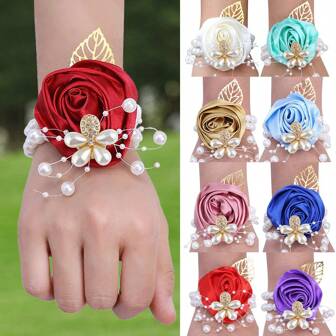 Elegant Burgundy Artificial Leaf & Faux Pearl Floral Bracelet Corsage, Beautiful Bridal, Bridesmaid Wedding Party Prom Decor Accessories SW815A Valentines