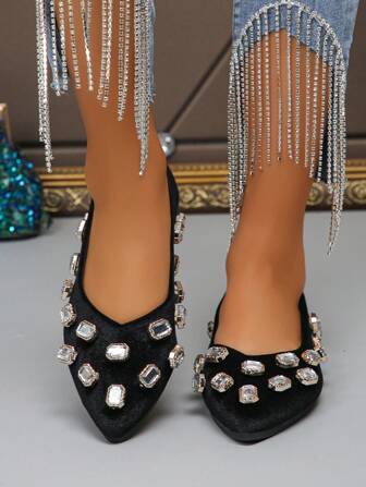 女士时尚舒适休闲尖头鞋，带粉钻装饰，适合户外、派对，卡其色、海军蓝，适合老年妈妈