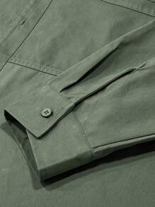 Camisa casual de algodón para hombre, de unicolor, cómoda, con múltiples bolsillos, de estilo retro, adecuada para uso diario, primavera/otoño, manga larga - Verde militar - Ver 9