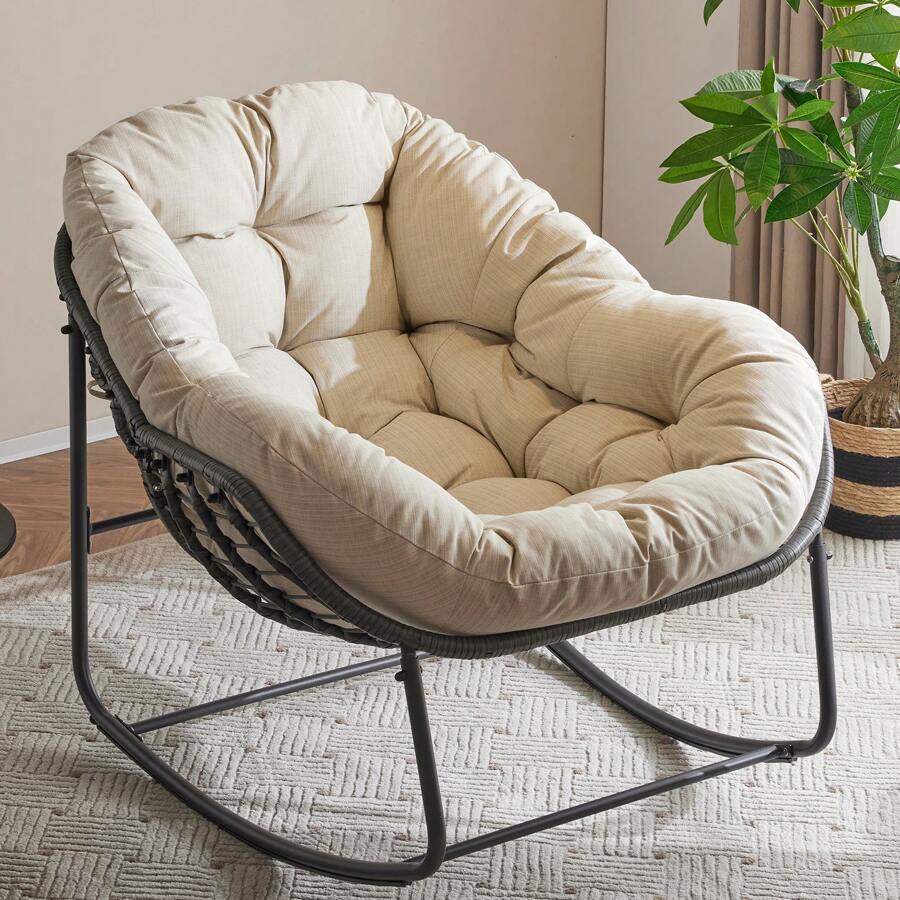 Patio Rocking Chair With Padded Cushion Indoor Outdoor Comfy Papasan Rocker Chair With Upgraded Steel Frame Oversized Rattan Egg-Shaped Lounge Chair For Front Porch, Garden, Bedroom - Beige - View 1
