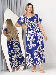 WOMEN'S LONG MIDI DRESS WITH PUFFED SLEEVES AND RUFFLES, OFF-THE-SHOULDER, TRES MARIAS - Royal Blue - View 3