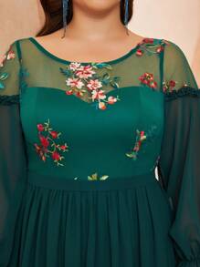 Plus Size Colorful Embroidery Sheer Splice Frill Trim Chiffon Long Sleeve Dress, Bridesmaid Dress - Dark Green - View 6