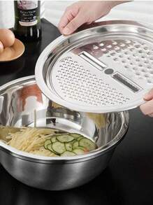 4 In 1 Kit Grater Slicer Stainless Steel Bowl Salad Bowl 4 Stainless Steel Blades 2 In 1 26cm - Bạc - Xem 2