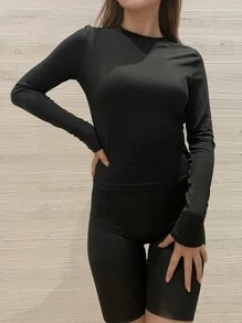 Camiseta de manga larga de cuello redondo llana de color liso negro de estilo casual para mujer, para primavera/otoño - Negro - Ver 5