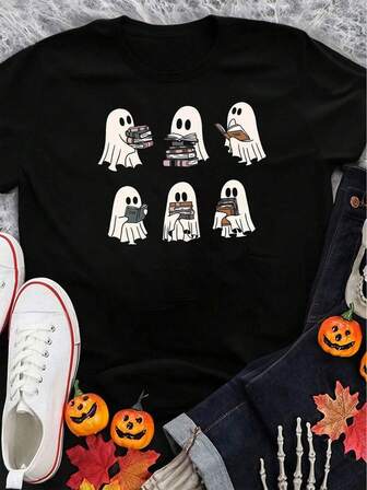 Simple Ghost Graphic Casual Loose Comfortable Black T-Shirt