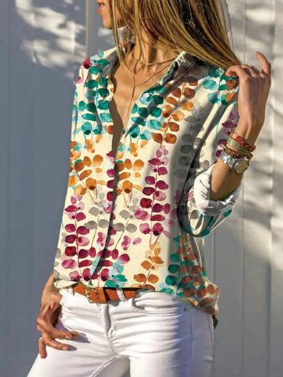 Kvinnor Långärmade Button Down skjortor V-ringad Print Casual Blus Toppar