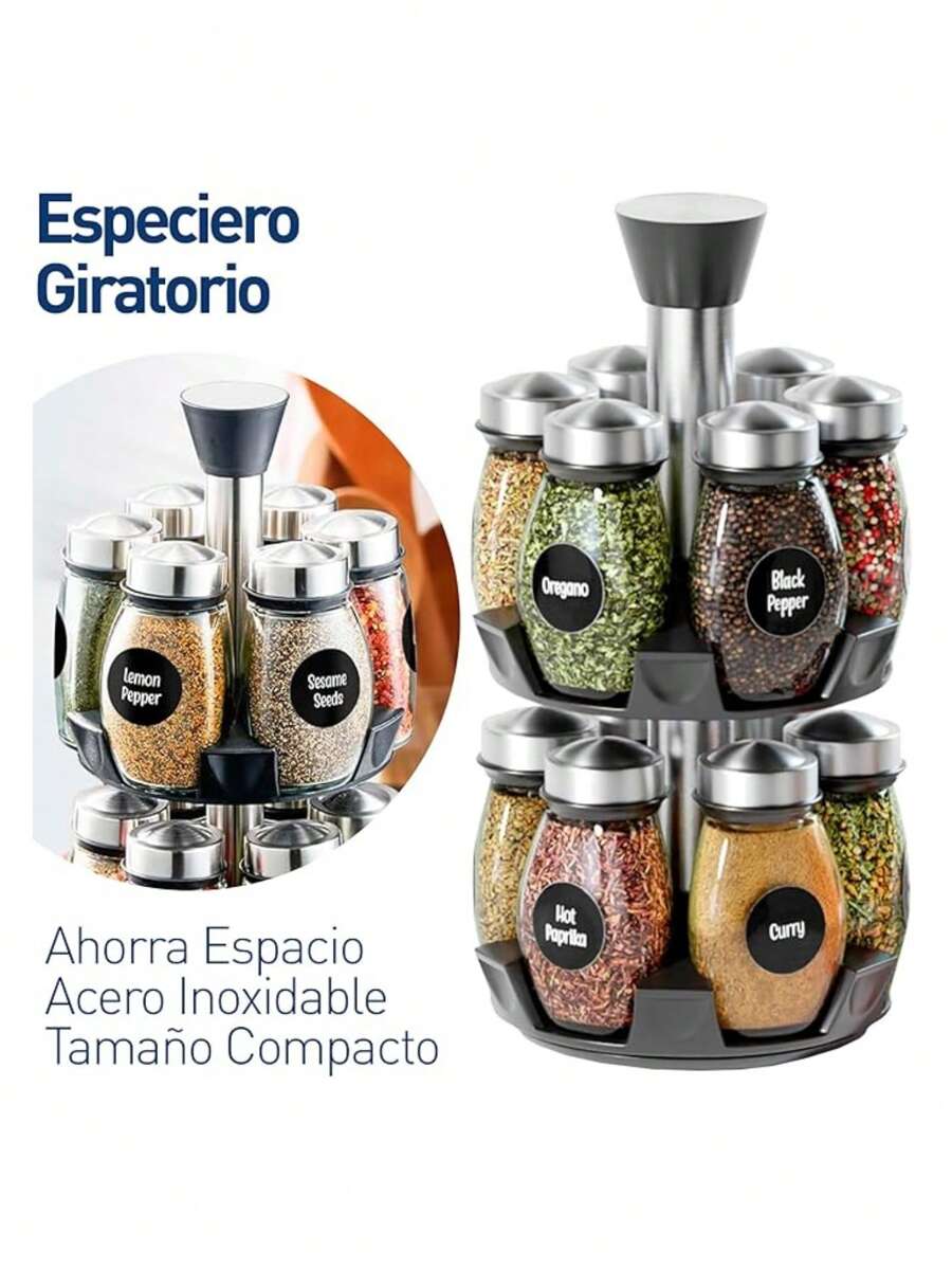 360º Rotating Spice Rack Organizer + Set Of 12 Glass Spice Jars And Labels, Bluelander. - 銀色 - 查看 1