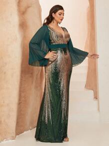 Plus Size Deep V-Neck Metallic Sequin Splice Floral Print Chiffon Long Sleeve Mermaid Bodycon Dress, Party Dress, Wedding Guest Dress, Prom Dress - 墨綠色 - 查看 5