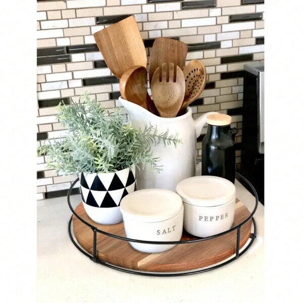 1 Stück 360° drehbarer Aufbewahrungsständer, Holz Kosmetikaufbewahrungsregal, Stahlgriff, Sortieren und Aufbewahren von Küchenartikeln