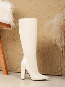 Sexy Fashion Women Pointed Toe 10.5cm Chunky High Heel Over-The-Knee Boots, Side Zipper, Beige, Casual & Versatile - Beige - View 5