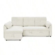 Corduroy Tufted Upholstered Sleeper Sectional Sofa L-Shaped Modular Convertible Sofa With Storage Chaise Pull Out Sleep Couch Bed And Reclining Backrest Perfect For Living Space Beige