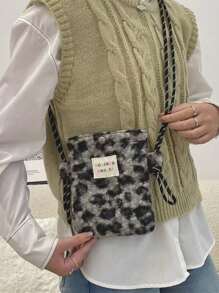1pc Women Plush Leopard Print Handbag, Clutch Bag Warm & Cute For Student, Messenger Bag, Shoulder Bag, Large Capacity, Multi-Functional For Work, Travel, School, Phone & Makeup, Vintage, Anti-Theft, Autumn/Winter
