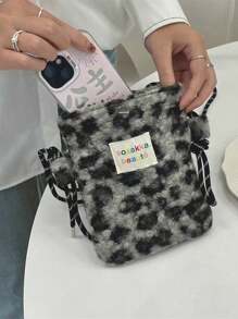 1pc Women Plush Leopard Print Handbag, Clutch Bag Warm & Cute For Student, Messenger Bag, Shoulder Bag, Large Capacity, Multi-Functional For Work, Travel, School, Phone & Makeup, Vintage, Anti-Theft, Autumn/Winter