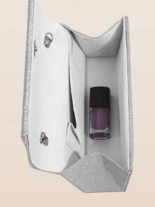 Bolso de embrague de fiesta cuadrado elegante y lujoso para mujer, bolso de fiesta de lujo y de moda con cadena de metal, kit de 24 uñas postizas elegantes y de unicolor extraíbles con brillantes, pendientes con pedrería, collar colgante y pulsera, adecuado para mujeres y niñas para banquetes, bailes, fiestas y bodas.