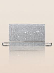 Bolso de embrague de fiesta cuadrado elegante y lujoso para mujer, bolso de fiesta de lujo y de moda con cadena de metal, kit de 24 uñas postizas elegantes y de unicolor extraíbles con brillantes, pendientes con pedrería, collar colgante y pulsera, adecuado para mujeres y niñas para banquetes, bailes, fiestas y bodas.