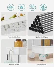 SONGMICS 4-Tier Storage Trolley, Rolling Cart With Wheels, Space-Saving Kitchen Trolley In Office Bathroom, 14.4 X 42 X 86 Cm, Cloud White - 白色 - 查看 3