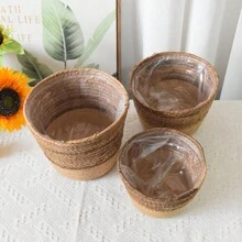 Natural Seagrass Woven Planter Basket, With Waterproof Layer Inside, Rattan Woven Plant Green Pot, Home Decor Flower Pot, Storage Basket Gifts Birthday Graduation