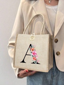 1pc Personalized Initial Name A -Z Flower Letter Beach Tote Bags,Portable Casual Storage Tote Bag, Fashion Burlap Shoulder Bag,Lightweight Handbag For Travel, Bridesmaid Bridal Party Girls Trip Gifts