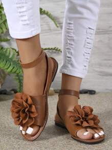 Women's Summer Fashion Flat Sandals, Solid Color Slip-On With Buckle Strap And 3D Floral Decor, Pastoral Elegant Style For Outdoor, Beach, Holiday Casual Flat Roman Sandals - Brown - View 1