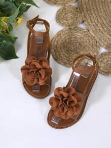 Women's Summer Fashion Flat Sandals, Solid Color Slip-On With Buckle Strap And 3D Floral Decor, Pastoral Elegant Style For Outdoor, Beach, Holiday Casual Flat Roman Sandals - Brown - View 7