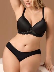 Elegant Black Satin Minimizer With Lace Trim T-Shirt Bra – Women's Plus Size, Compression, Lift, Full Coverage & Ultimate Comfort