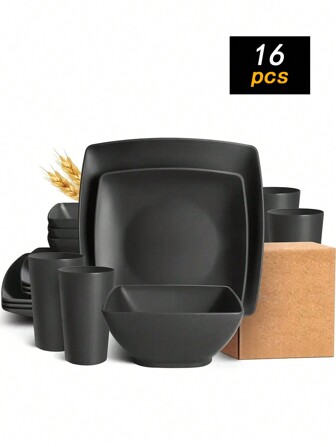 4/16 Piece Plastic Square Tableware Set, Includes Bowls, Plates, Cups, Suitable For 1-4 People, Suitable For Dining, Picnic, Camping, Dishwasher & Microwave Friendly,School Supplies