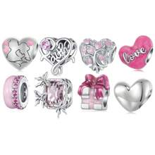 bamoer 1 PC 925 Sterling Silver Pink Heart Charms Beads Love Tree Of Life Bow-Knot Pendant For Couple Women DIY Bracelet Fine Valentine Jewelry Valentines