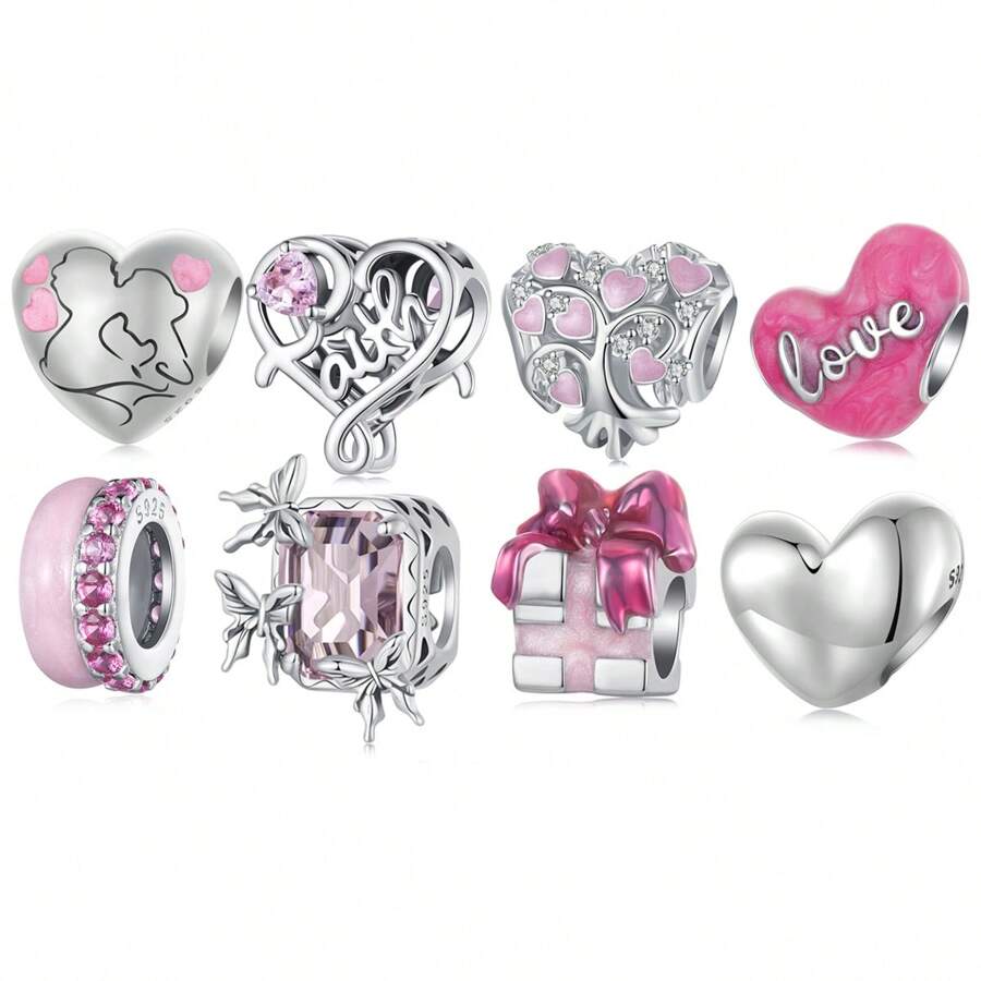 bamoer 1 PC 925 Sterling Silver Pink Heart Charms Beads Love Tree Of Life Bow-Knot Pendant For Couple Women DIY Bracelet Fine Valentine Jewelry Valentines
