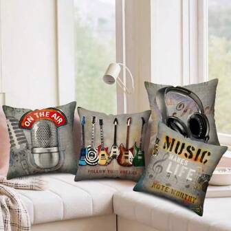 MEMNUN 1Pc Rock Punk Style Throw Pillow Covers - Vibrant Guitar Microphone Headphone Design, Single-Side Printing Decorative Square Cushion Covers, 17.7 X 17.7 Inch, Soft And Cozy, Insert Not Included, Perfect For Music Lovers And Home Decor