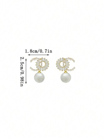1 Pair Fashionable Minimalist Copper Micro-Inlaid Cubic Zirconia & Faux Pearl C-Shape Design Earrings, Suitable For Women's Wedding, Party And Events
