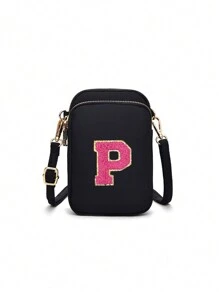 Bolso bandolera que se puede personalizar con su propio nombre, número de la suerte, letra y texto, con 26 parches de letras para DIY, un bolso clásico y versátil que se vende a gran escala, con un diseño de cremallera de tres capas que puede contener teléfonos móviles, monedas, etc., bolso bandolera de moda casual PC apto para chicas, viajes, vuelta al colegio, regalos, con bolsillo vertical para teléfono móvil y monedas - Cremallera negra de tres capas + 5,5 letras rojas rosas - Ver 21