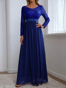 Women's Elegant Contrast Sequin Long Dress, Suitable For Evening Party And Formal Occasions, Wedding Guest Dress, Prom Dress - Blue - View 3