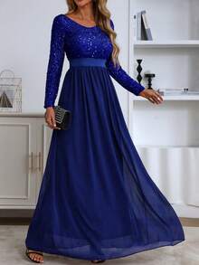 Women's Elegant Contrast Sequin Long Dress, Suitable For Evening Party And Formal Occasions, Wedding Guest Dress, Prom Dress - Blue - View 4