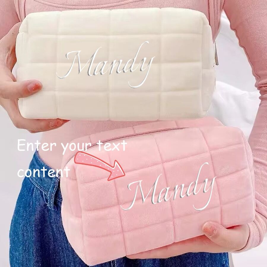 定制字母印花化妆盒、天鹅绒减压旅行枕、便捷洗漱包、大容量格子化妆品收纳盒、小件物品收纳行李箱、女士节日礼品袋 - 淺藍色 - 查看 1