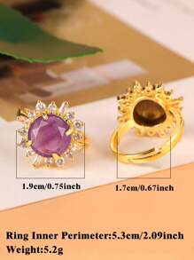 1枚奢华太阳水晶戒指，男女皆宜，天然宝石能量，紫水晶，粉晶，金色，戒指，新年，周年纪念，结婚珠宝礼物 H538 - Ring - 查看 5