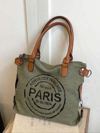 Vintage Letter Print Tote Bag, Fashionable Shoulder Bag For Office, School, Travel