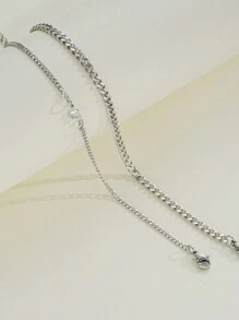 17KM 2pcs Heart Rhinestone Stainless Steel Chain Anklet Set, Simple Women Gift For Date, Vacation, Daily Wear
