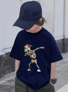 Koszulka z krótkim rękawem dla chłopców z nadrukiem szkieletu, wysokiej jakości odzież młodzieżowa z unikalnym wzorem