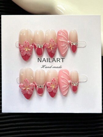 Y2K Almond Nails French Handmade Press-On Nails - Pink Glitter Base With Crystal Dots & 3D Cherry Blossom Ombre Carving, Full-Cover Artificial Diy Glossy False Nails (10Pcs/Bag) Nail Supplies Nails