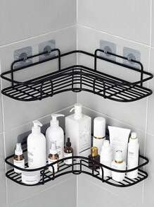 1/2pcs Black Triangular Multi-Purpose Self-Adhesive Wall-Mount Corner Storage Rack For Bathroom, Kitchen, Cosmetics, Shower Home Bathroom Decor Bathroom Organizer Fall Decor Back To School