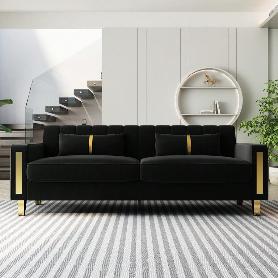 DANGDAI 85.63" Modern Black Velvet Sofa With Gold Metal Legs Large Upholstered Comfy 3 Seater Black Couches For Living Room Bedroom Office - màu đen - Xem 1