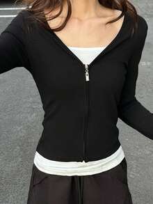 Sudadera de manga larga con cremallera y bloque de colores, estilo coreano, camiseta interior ajustada - Negro - Ver 2