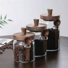 Jarra de 1/3 de vidrio con tapa de madera y cuchara, frasco sellado de almacenamiento de cocina para especias, café, dulces, vidrio grueso, reutilizable, solo se puede lavar a mano, diferencias de color normales en la tapa de madera de acacia, nudos y pequeños agujeros en la madera son normales, de vuelta a la escuela