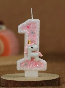 1 pieza Vela de unicornio rosa brillante con número numérico creativo [0-9] para tarta de cumpleaños, decoración de fiesta