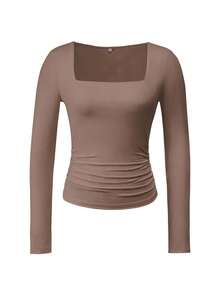 Vaiaye 女士春夏 Y2K 方领长袖修身 T 恤，纯色性感上衣，适合情人节休闲穿着 - 摩卡棕 - 查看 3