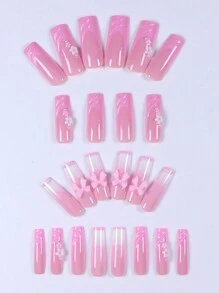 24pcs Instantly Upgrade Your Look With Medium Square Fake Nails,3D Bowknot Decorate It On Your Nails,Pink Cherry Blossom Full Cover Fake Nail Set,Rhinestone Decoration,White French Nails 1pc Nail File & 1Nail Glue Sticker Kit Nails For Girl Mother Women Gift And Nails Supplies &Wholesale &Christmas &All Saints' Day &Thanksgiving Day &Mother's Day &Valentine's Day Gift Press On Nails - Pink - View 3
